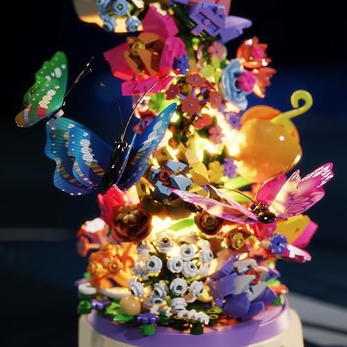 Miniatura 8 de Mesiondy Juego de flores de construcción, caja giratoria de música de flores, con luz, con mariposas, regalo de cumpleaños, kits de construcción de