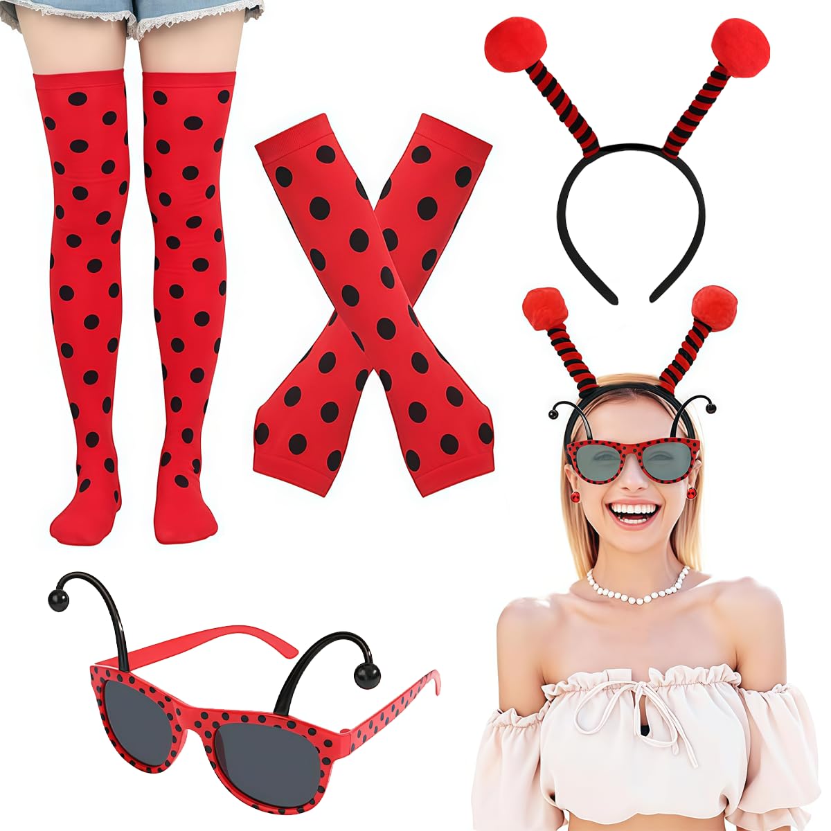 EduPlayte Women Ladybug Costume Accessories - Ladybug Headbands Glasses Striped Gloves for World Book Week Dress up