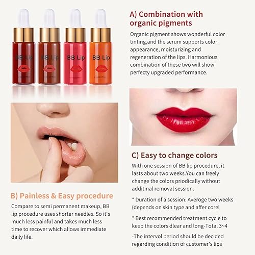Miniatura 5 de BB Lips - Kit de suero semipermanente, tratamiento de maquillaje labial semipermanente, tinte labial de 4 colores para pigmentos de labios, kit de
