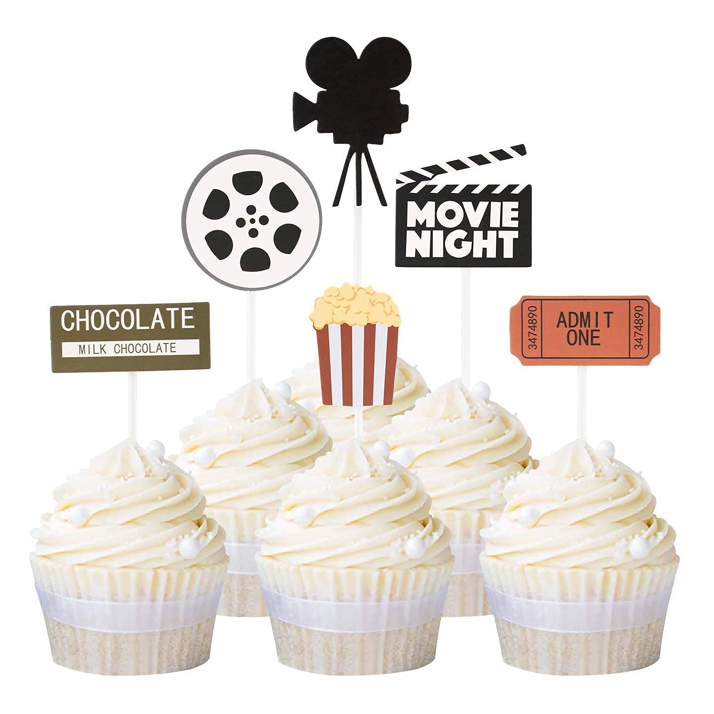 Unimall Global 24 pieces movie night cupcake toppers cinema Hollywood theme food picks for film baby shower birthday party cake decoration