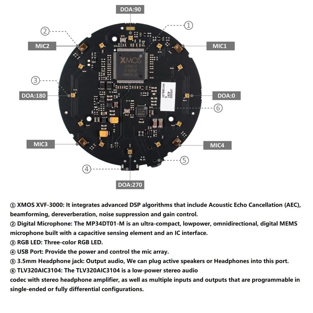 ReSpeaker Mic Array V3.0 Board XVF3000 4-Mikrofon-Array Ohne Gehäuse für Klare Sprache Selbst bei Lärm