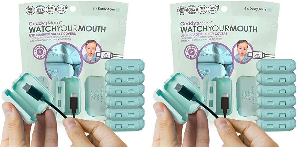 Geddy's Mom - Watch Your Mouth - The Award Winning USB Charger Child Safety Cover - Made in The USA - Baby Proofing Toddler Shock Prevention - 12 Pack (Dusty Aqua)