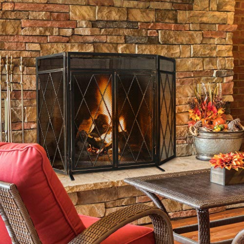 WBHome 3 Panel Wrought Iron Fireplace Screen with Doors Large Flat Guard Metal Decorative Mesh Cover Baby Safe Proof Firewood Burning Stove Accessories (50" L x 32" H x 9.5" W)