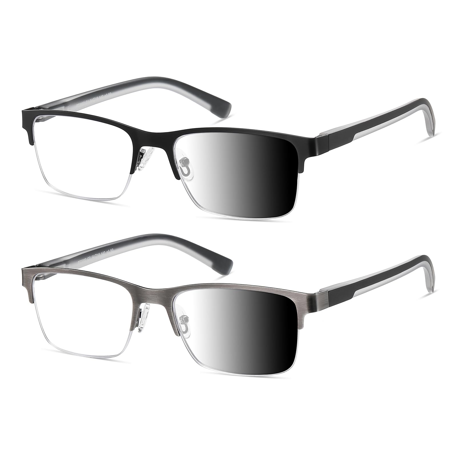 Photo 1 of PUBOWT Photochromic Reading Glasses Men Blue Light Readers Wide Metal Half Frame Style Sun Tinted Eyewear 2pcs Black Gun + 1.0 Strength