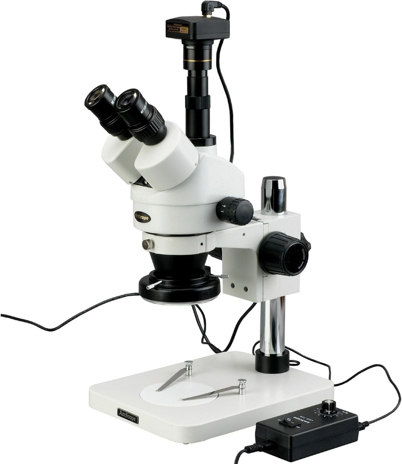 AmScope SM-1TSZ-144-10M Digital Professional Trinocular Stereo Zoom Microscope, WH10x Eyepieces, 3.5X-90X Magnification, 0.7X-4.5X Zoom Objective, 144-Bulb LED Ring Light, Pillar Stand, Includes 0.5X and 2.0X Barlow Lenses and 10MP Camera with Reduction Lens and Software