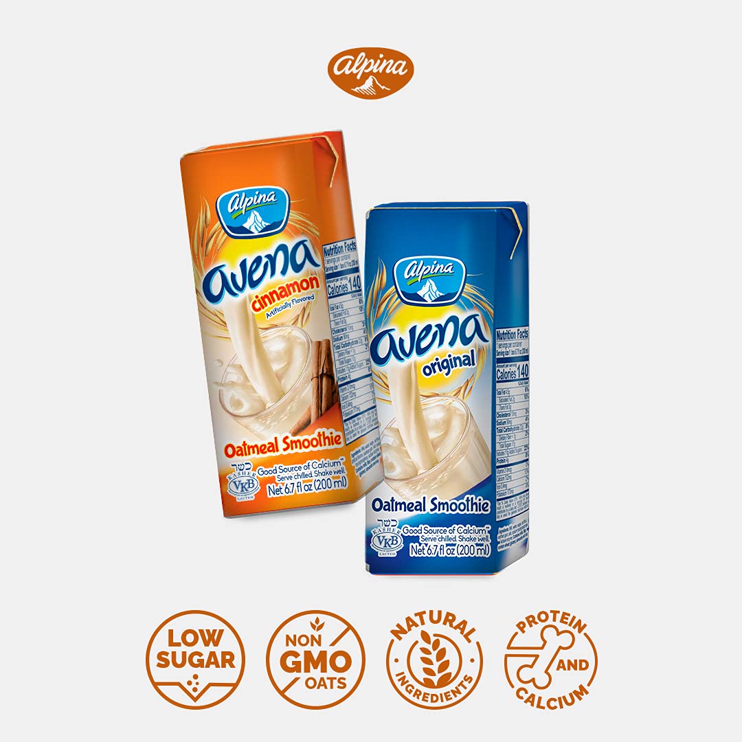 AVENA ALPINA Cinnamon and Original Flavor Bundle Oatmeal Smoothie 24 Pack x 6.7 ounces each (Original + Strawberry) 100% Organic Whole Grain Oats. Low Carbs, Non-GMO Oats