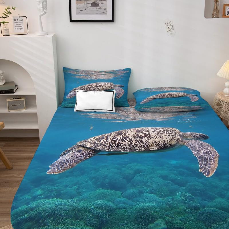 Miniatura 3 de Juego de sábanas de tortuga marina tamaño California King, sábanas de microfibra suave y bolsillo profundo, sábanas y fundas de almohada estampadas