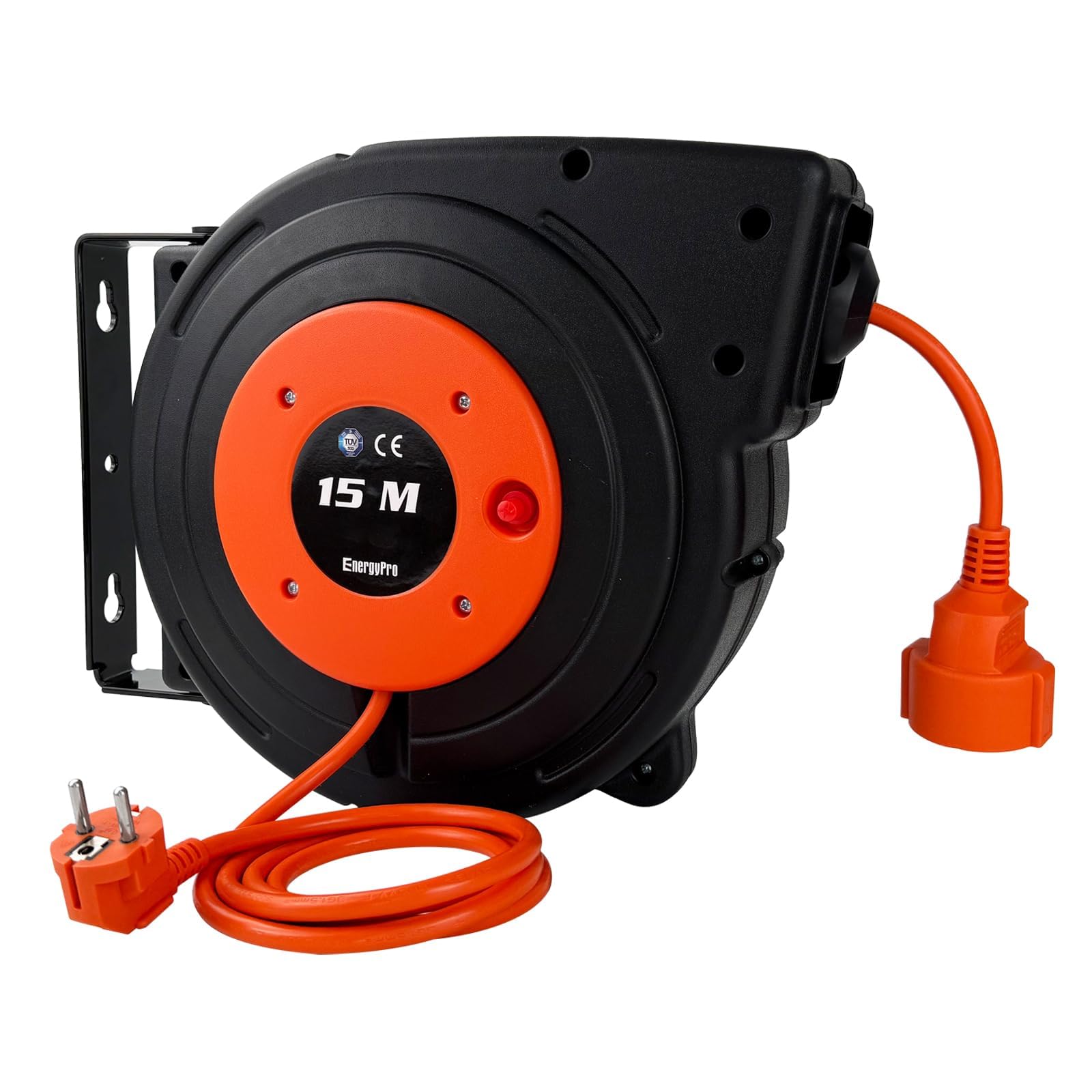 EnergyPro Carrete de cable automático de 15 m, 2300 W, montaje en pared, con certificado TÜV y kit de montaje, carrete de cable exterior para jardín, taller y garaje