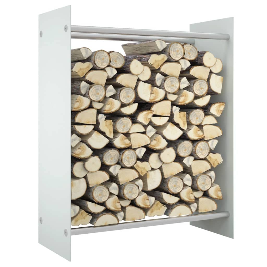 Weißes Brennholzregal aus Hartglas und Stahl 80 x 35 x 100 cm für Kamin, Ofen und Wohnzimmer, Lagerung von Kaminholz, geordnete Aufbewahrung mit Wandhalterung