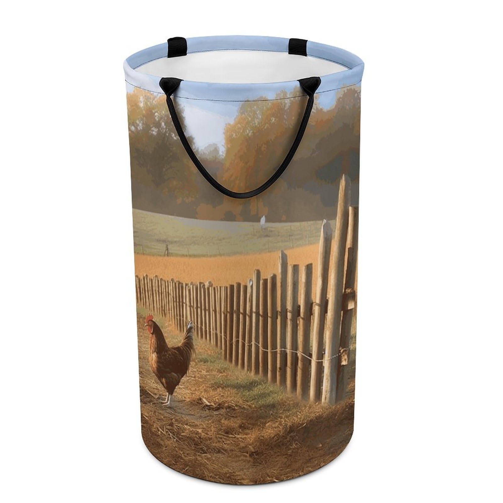 Chicken Wood Stake Farmland Laundry Basket Freestanding Laundry Hamper with Handles Waterproof Dirty Clothes Hamper Collapsible Washing Bin Aesthetic Clothes Basket for Bathroom Bedroom Dorm