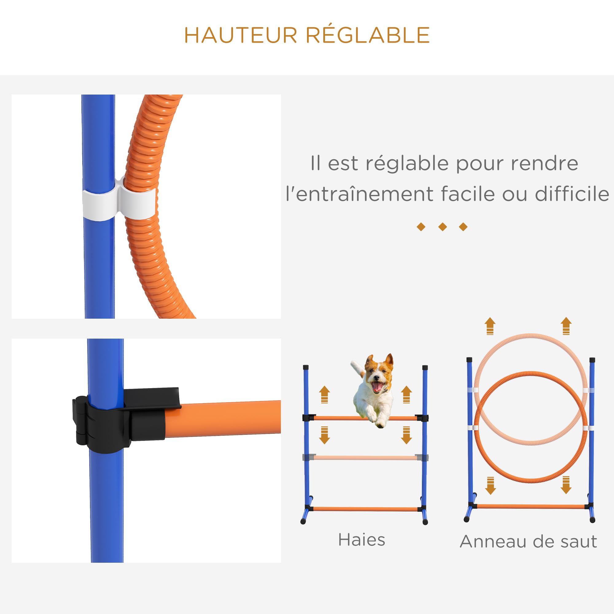 PawHut Kit d'agilité pour Chien 4 pièces avec Slalom, Anneau de Saut, Haies, kit de Dressage pour Animaux de Compagnie avec sifflet, 2 balles, Sac de Transport