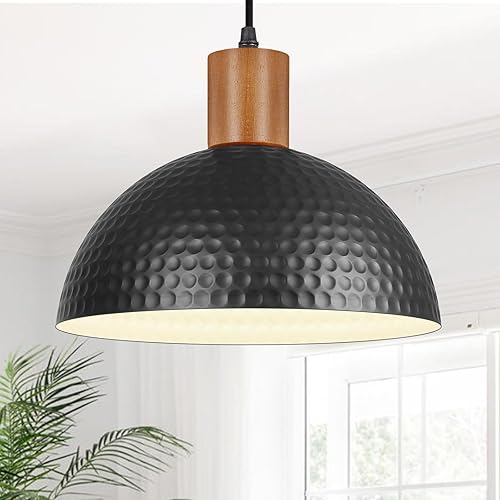 Miniatura 9 de Lámpara colgante de metal martillado de 12 pulgadas, lámpara colgante de techo negro y madera, lámpara colgante de cúpula de estilo industrial