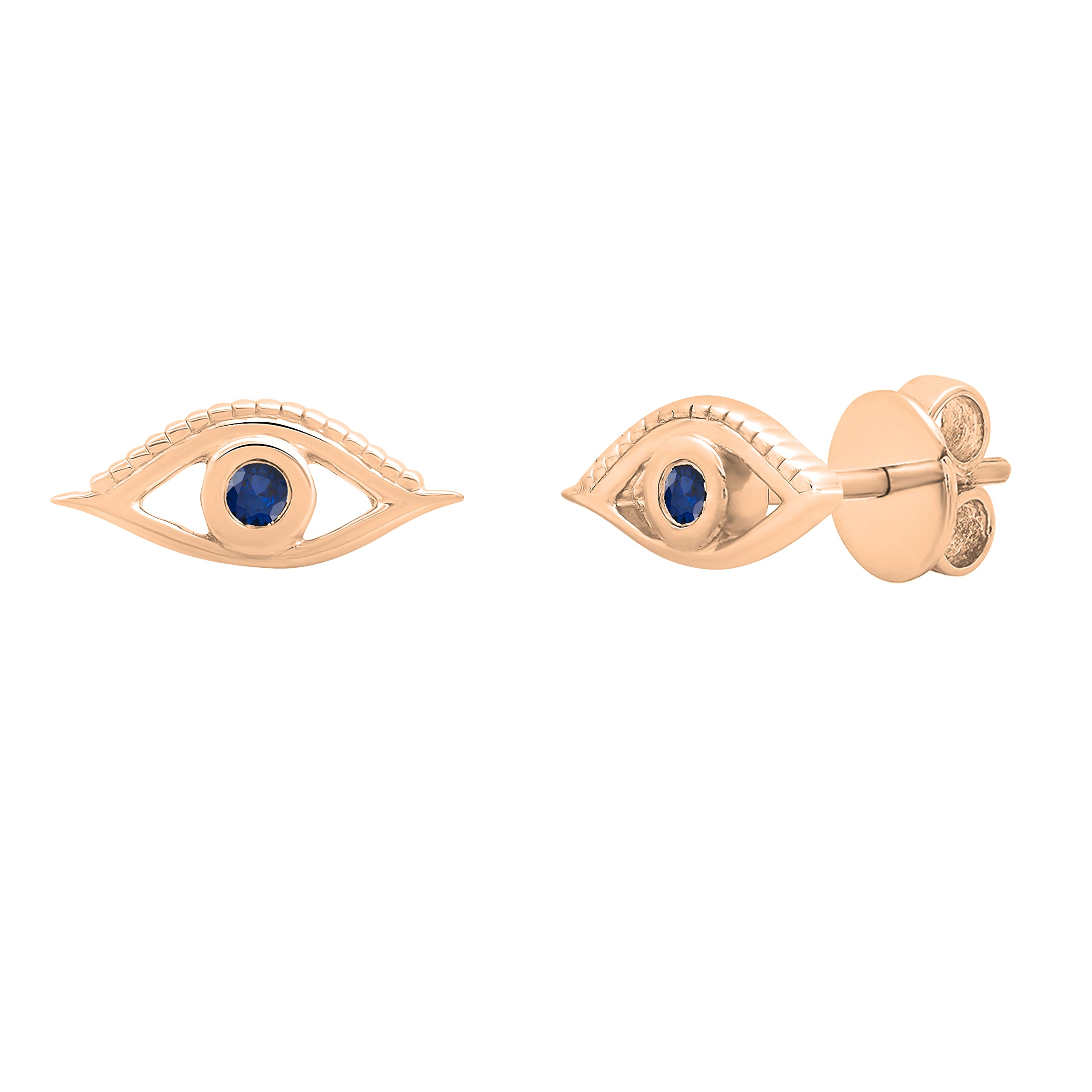 Dazzlingrock Collection Pendientes solitarios de ojo turco con piedras preciosas redondas, oro de 14 quilates, Oro rosa Zafiro azul Oro rosa, Zafiro