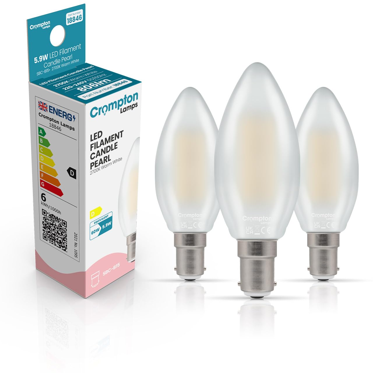 Crompton Lamps Filament Candle LED Light Bulb SBC-B15d | 5.9W = 60W Equivalent | Warm White 2700K | Energy Efficient | Small Bayonet Lightbulb | Long Life 15,000-Hrs | Pearl Glass | Dimmable | 3-Pack