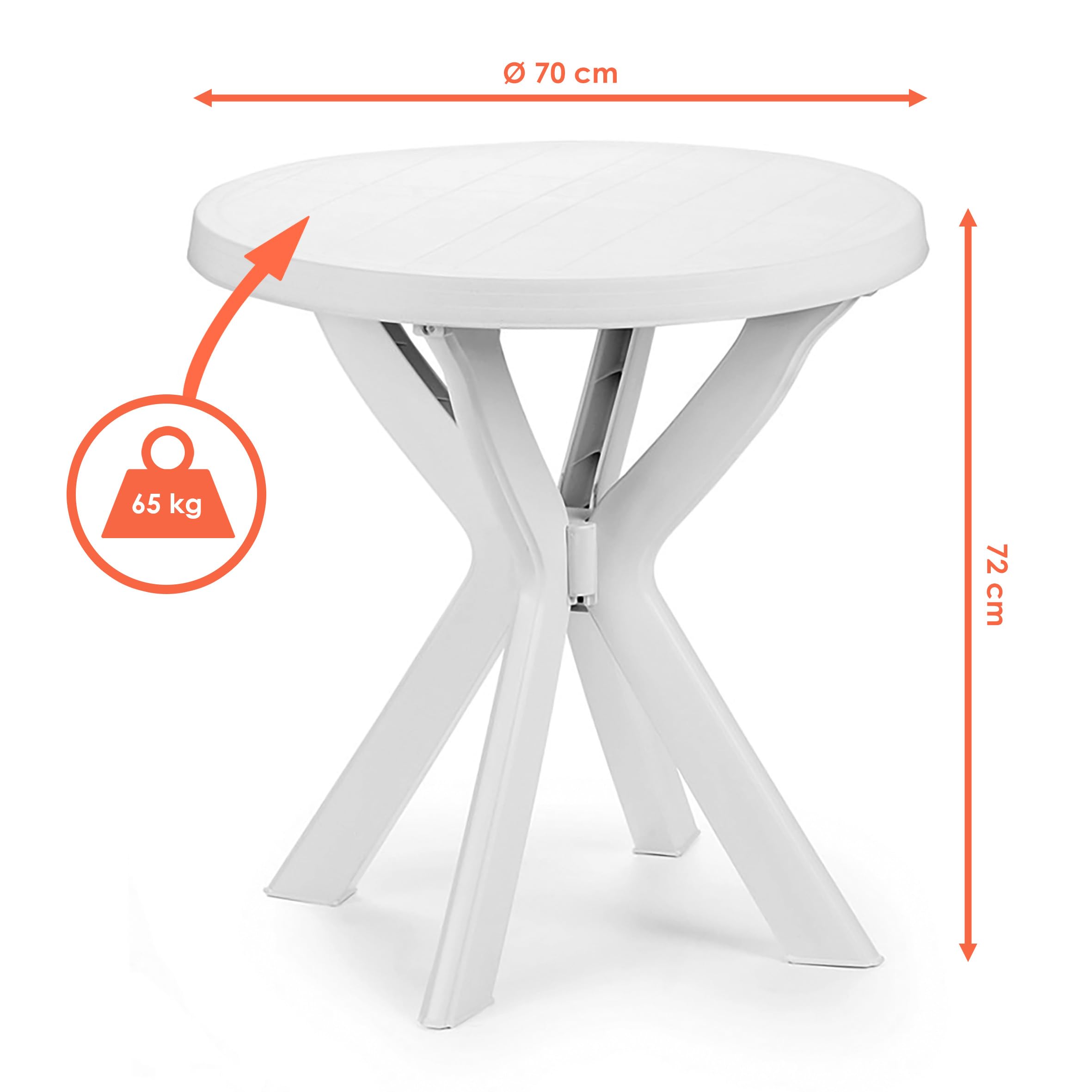 Table de jardin ronde en plastique blanc - Spetebo - 70 cm - Table de camping au design classique - Pour jardin, terrasse, balcon et camping