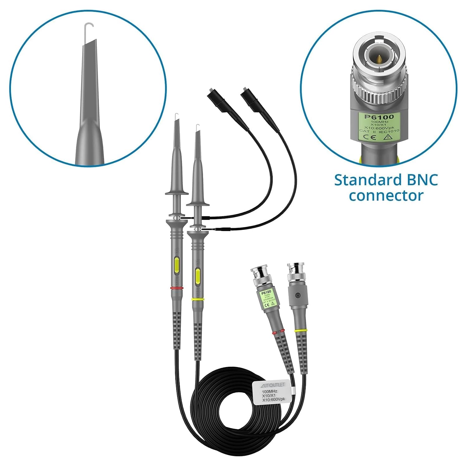 AUTOUTLET 2Pcs P6100 100MHz Universal Oscilloscope Probe,10:1 and 1:1 Switchable Oscilloscope Clip Probes with BNC to Minigrabber Test Lead Kit