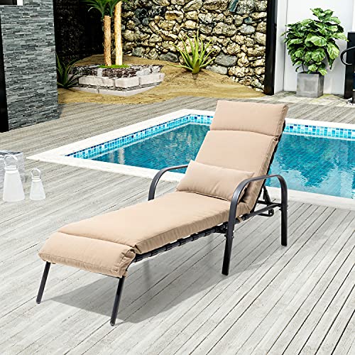 Pellebant Patio Chaise Lounge Chair With Cushion, Adjustable Chair With 5 Positions, Folding Outdoor Recliners All Weather For Beach, Pool And Yard, 2 Pcs, Tan #TOP1