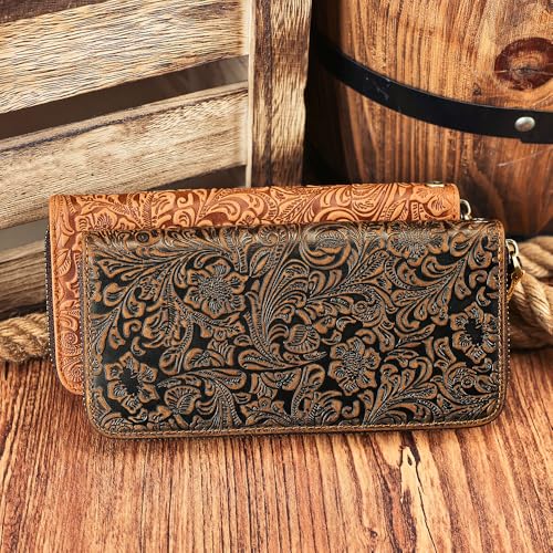 Image of NIUCUNZH Long Men's Leather Wallet Zipper Embossed with Flower Print Biflold Wallet Checkbook Paper Money Women Photo Card Holders