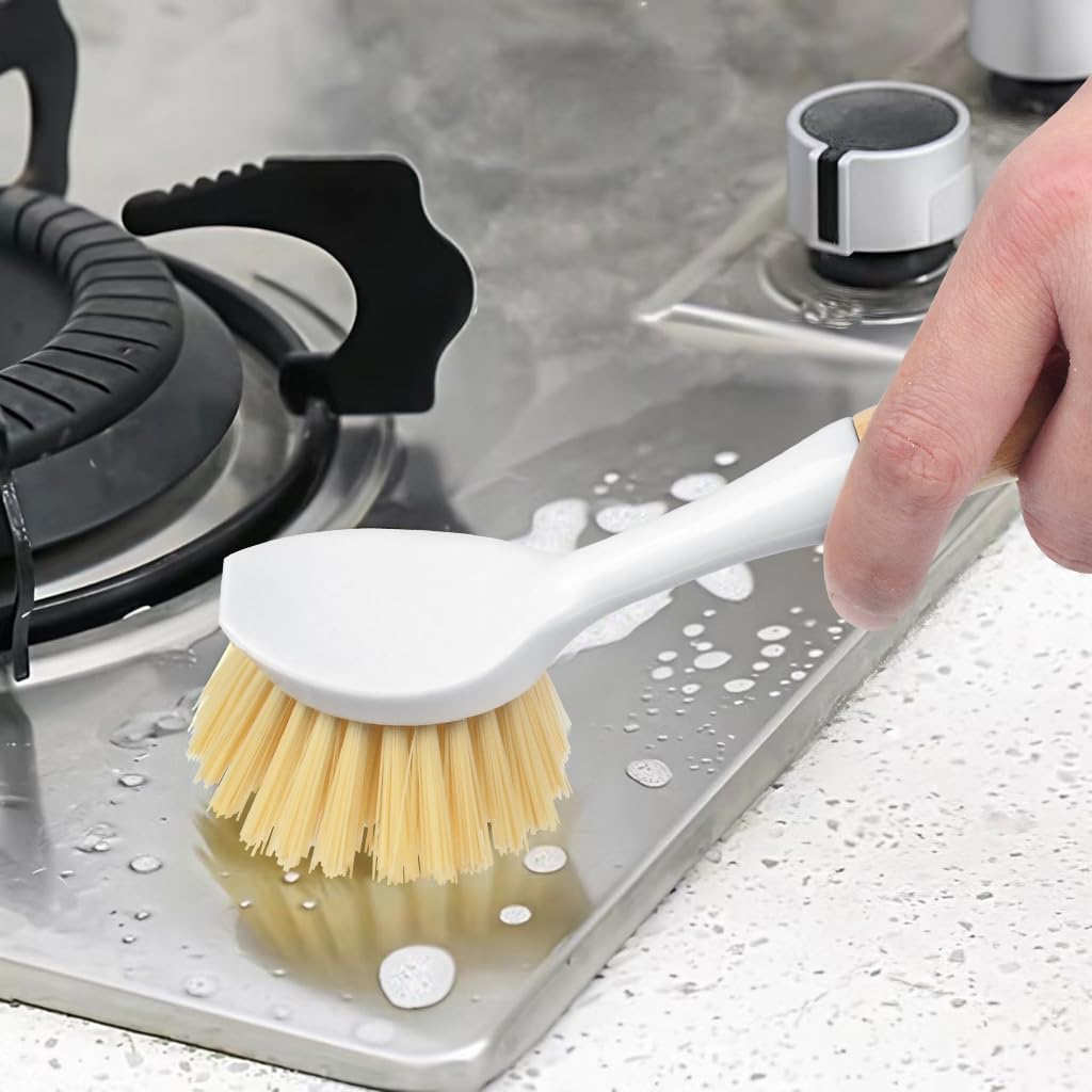 Dish Brush with Natural Bamboo Handle, 2 PCS Washing Up Brushes for Kitchen, Scrubbing Brush with Tough Bristles, Dish Washing Brushes for Dishes Pots Pans Sink Cleaning