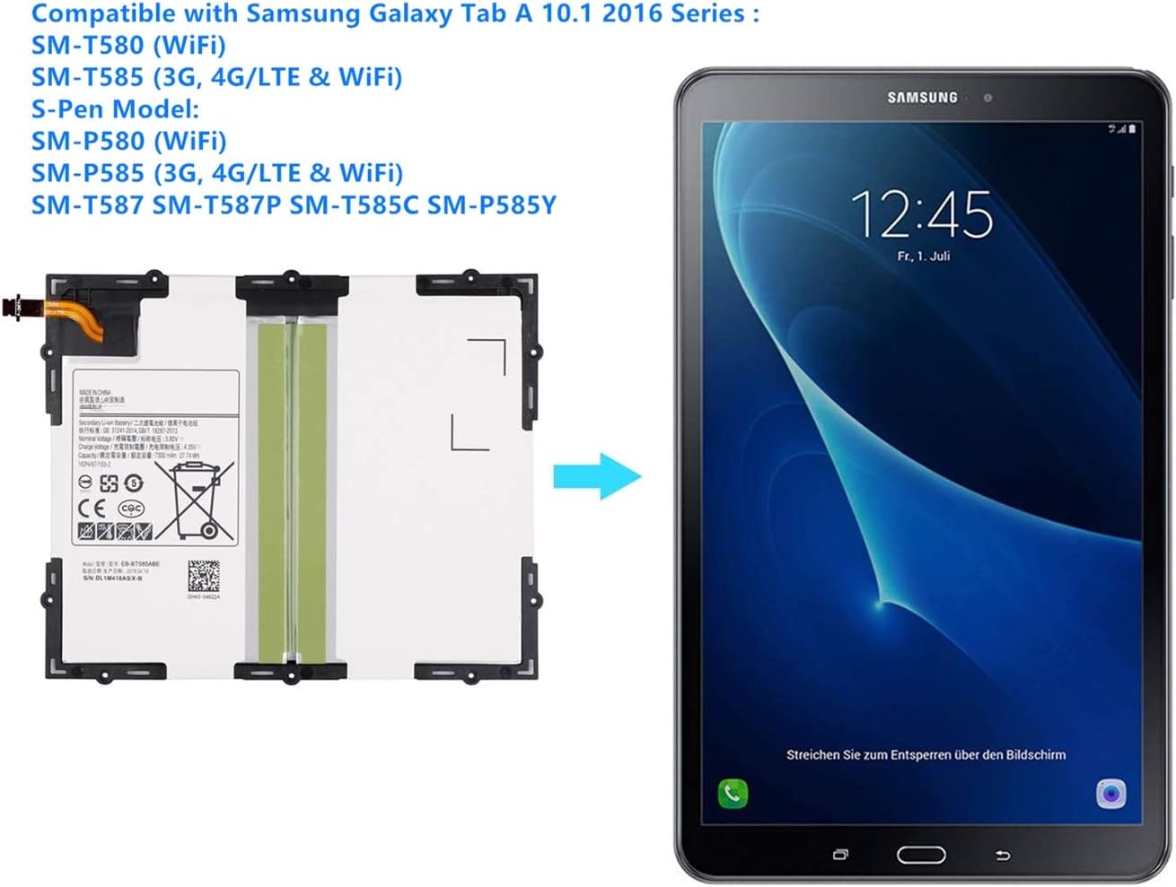 AKKEE EB-BT585ABE Tablet Battery Replacement for Samsung Galaxy Tab A 10.1 inch 2016 SM-T580 SM-T585 SM-T585C SM-P580 SM-P585 SM-T587 SM-T587P Series EB-BT585ABA Tools 3.8V 27.74Wh 7300mAh - Image 5