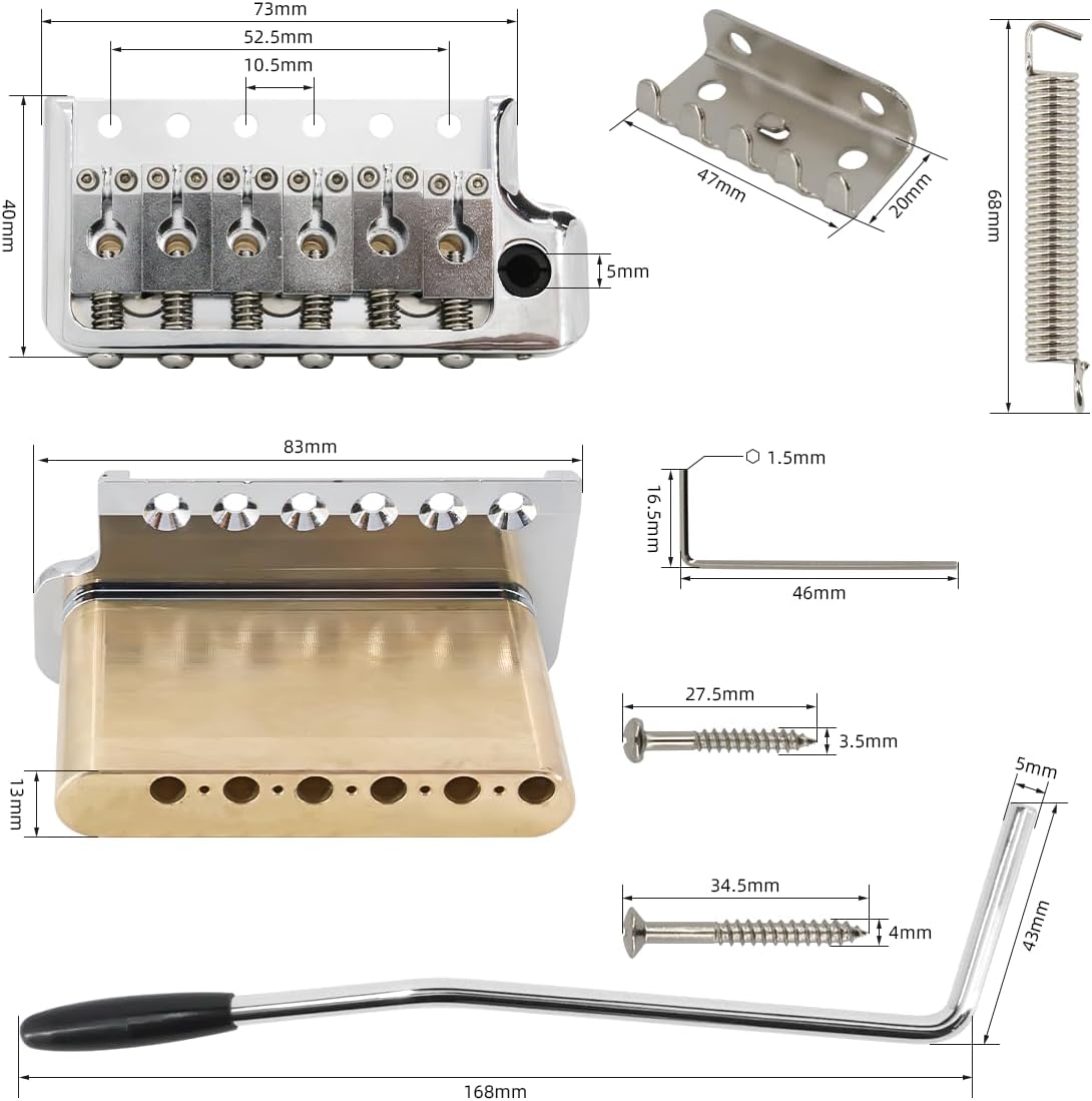 Tremolo Bridge for PRS Style Electric Guitar, 52.5mm Full Solid Brass 6-Screws Tremolo Bridge (Silver)