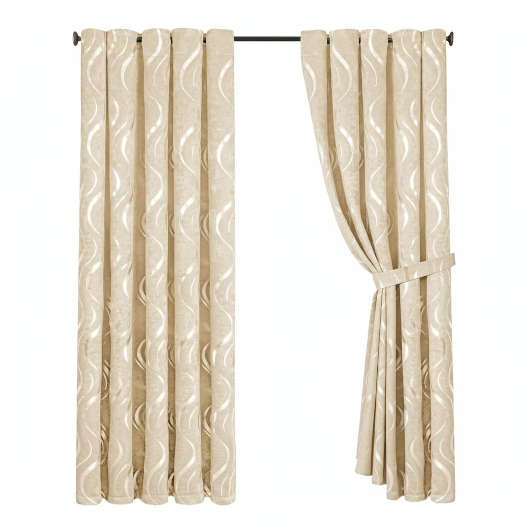 Opulent Dreams Room Darkening Curtains – Thermal Insulated Eyelet w/Tie Backs – Foil Printed Silver Wave Design – Energy Efficient Drapes for Bedroom – Set of 2 (Beige, 46" x 54" (116 x 137 cm))