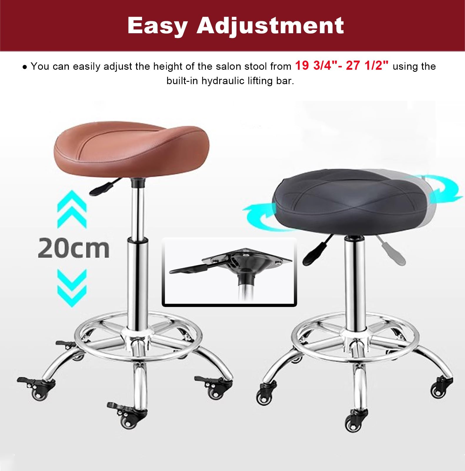 Tabouret Selle Hydraulique Réglable Siège Tatouage Chaise Roulante Pivotante Marron
