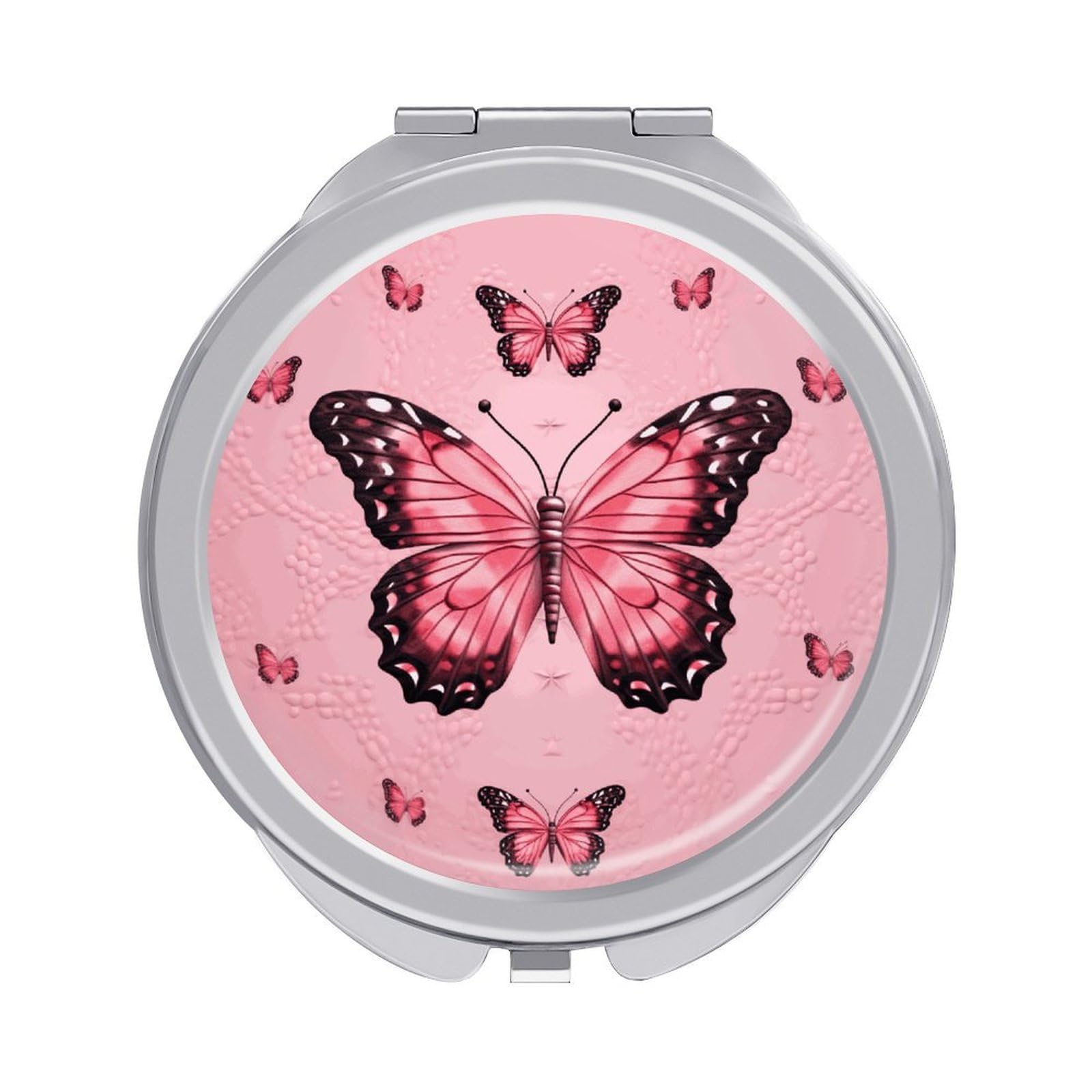 FekiLoot Butterfly Pink Makeup Mirror Compact Round Travel Makeup Mirror Portable Folding Handheld Pocket Mirrors for Handbag and Purses Gift Mini Mirrors