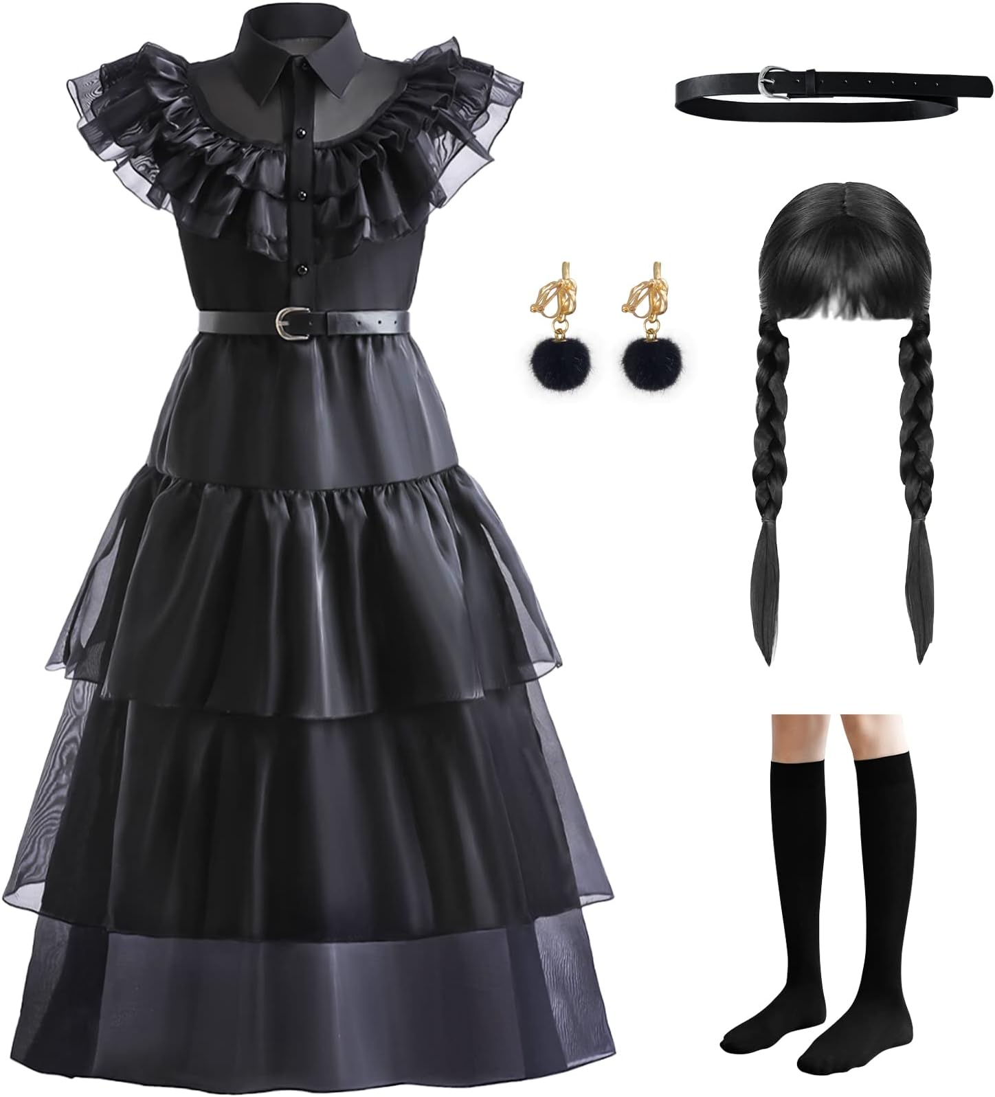 LZH Wednesday Addams Costume Dress For Girls Kids Cosplay Addams Dress Up Halloween Costume With Wigs Belt Earrings