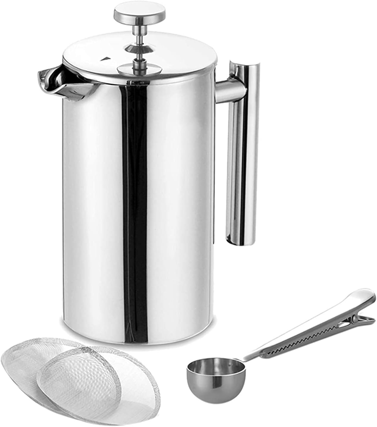 French press coffeemaker 1000ML 8 Cups French Press 35Oz Double Wall Stainless Steel Tea Cafetiere Kettle with Coffee Spoon 2 Filter Case coffee machines (Color : Silver)