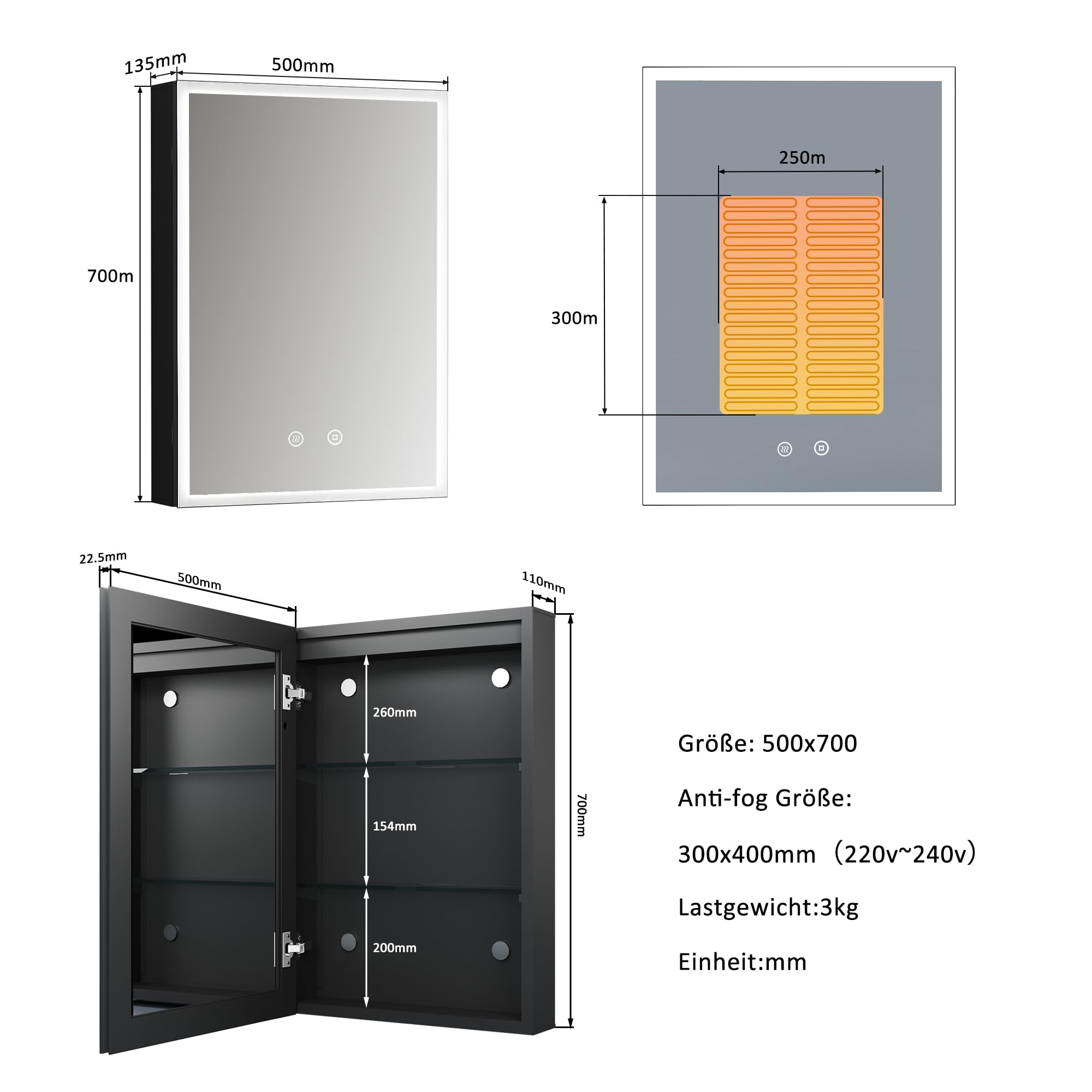 LED Spiegelschrank mit Beleuchtung 50x70x13,5cm Badezimmerschrank, Bad Metall Badschrank Medizinschrank Spiegel Kabinett mit 3-Farben Dimmbar, Beschlagfrei, 2 Glasablage
