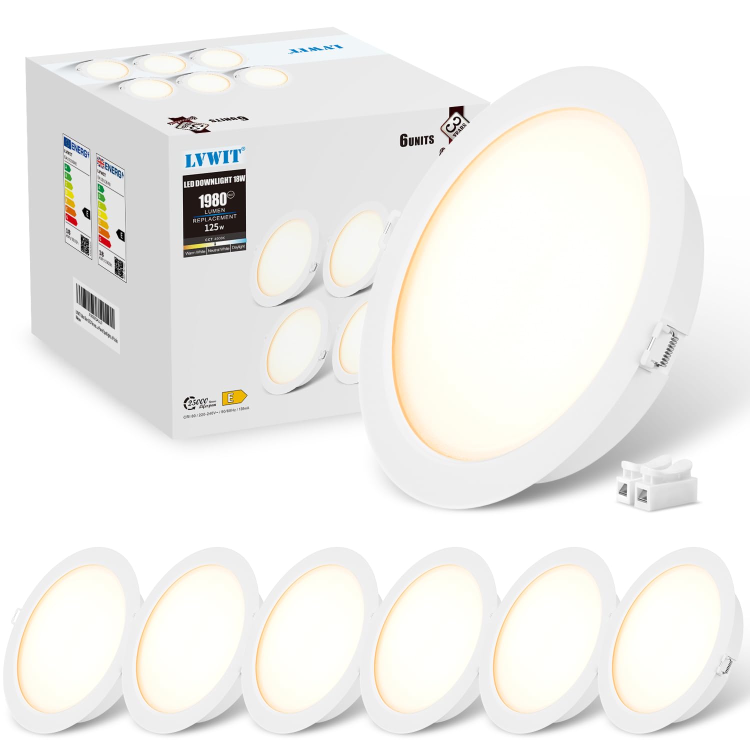 LVWIT Kitchen Spot Lights Ceiling,LED Downlights for Ceiling,18W Ultra Slim Recessed Ceiling Lights,1980LM Neutral White 4000K Non-Dimmable Spotlights for Bathroom Kitchen Living Room,6 Pack