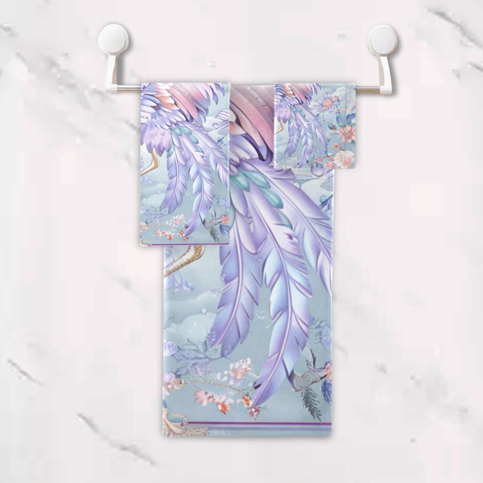 Set di 3 asciugamani morbidi in stile bohémien con fiori e gru viola, 1 asciugamano da bagno, 1 asciugamano per le mani, 1 panno per la casa, cucina e famiglia