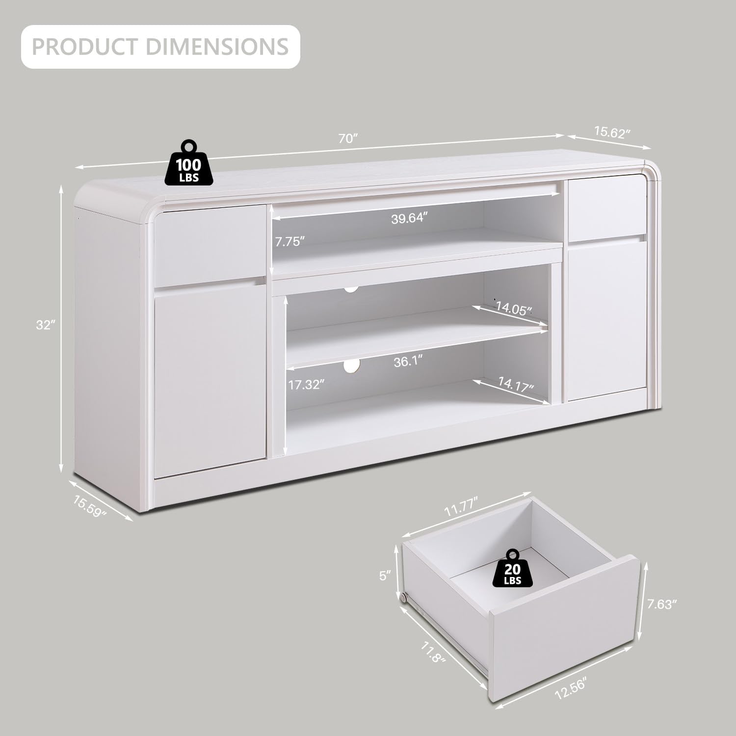 Modern TV Stand for 80 Inch TVs, 32"Tall Entertainment Center w/Storage Cabinet& drawers, Media Console Cabinet w/Soundbar & Adjustable Shelves for Living Room, Curved Profile Design, 70 inch (White) - Image 2