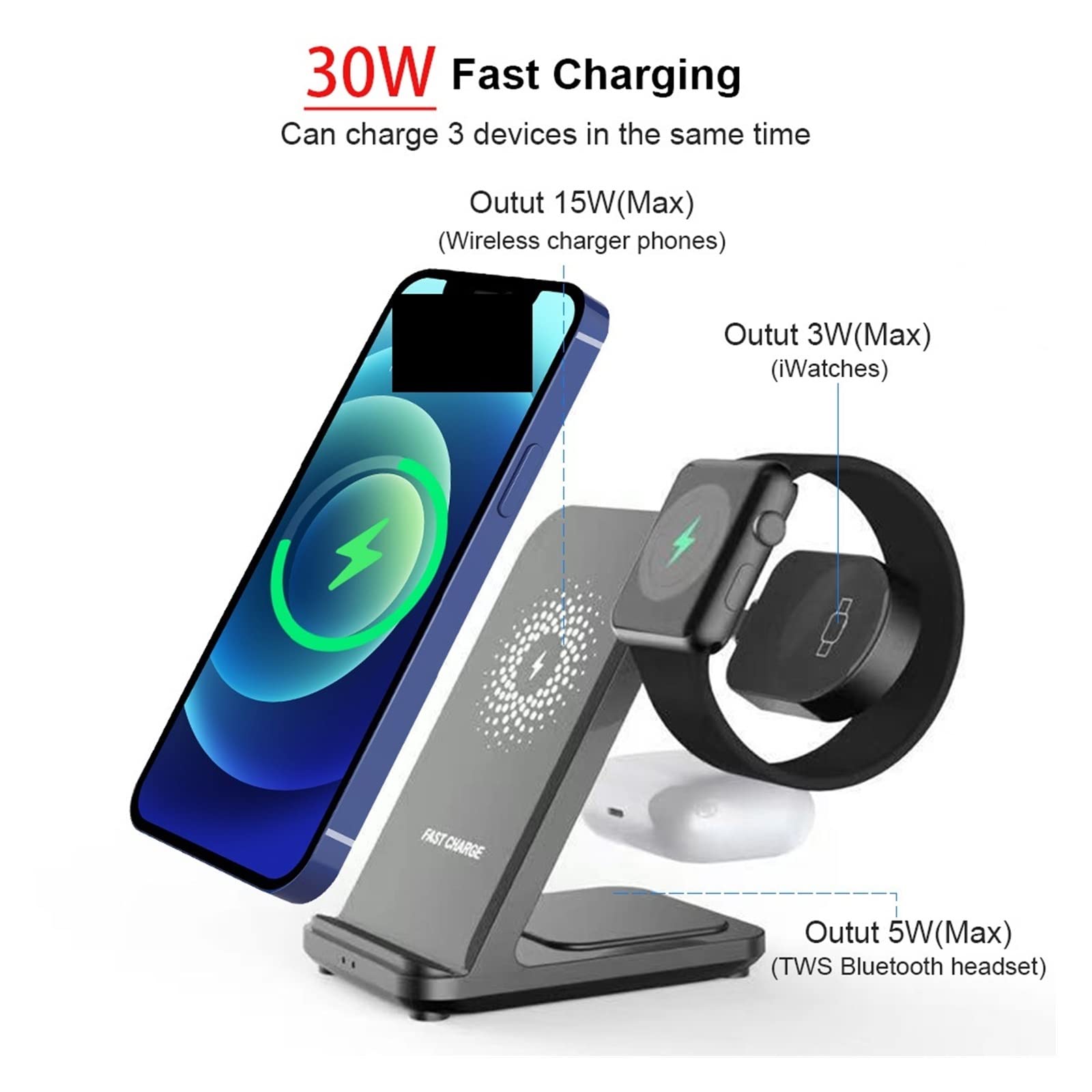 Support de Chargeur sans Fil 30W for Watch 4 Active 2/1 3 in 1 Station Chargement Rapide,Compatibilité Universelle(for Samsung Watch-01)
