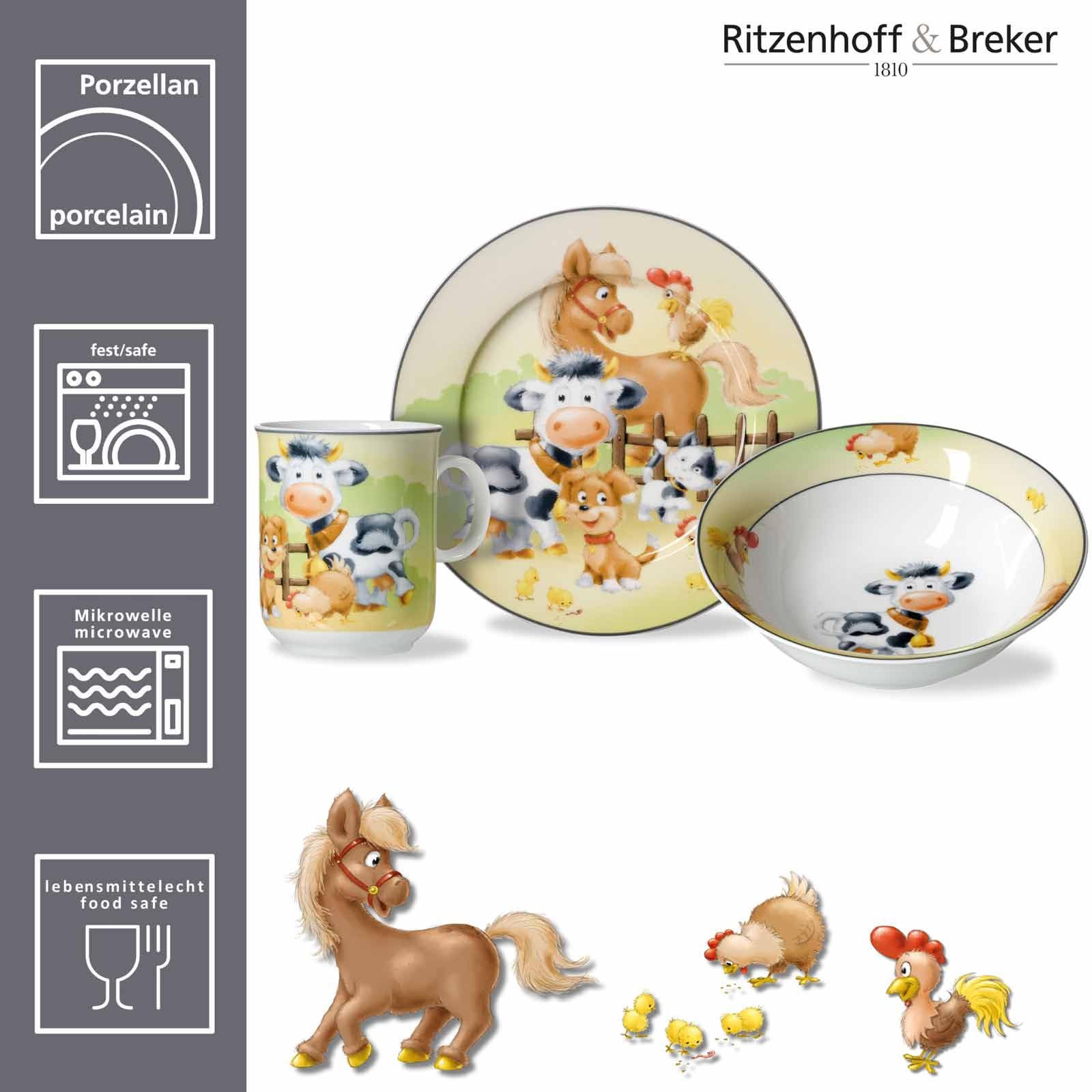 Ritzenhoff & Breker Kindergeschirr-Set Hoftiere 3-teilig mit Besteck | Teller, Schale, Becher, Gabel, Messer und 2 Löffel | Tiere vom Bauernhof | Porzellan, Edelstahl | Bunt