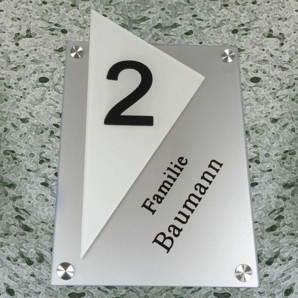 Modernes Namensschild/Türschild D2 made by GravUp mit Hausnummer : Gravur nach Wunsch - Acrylglas mit V2a Befestigungsmaterial