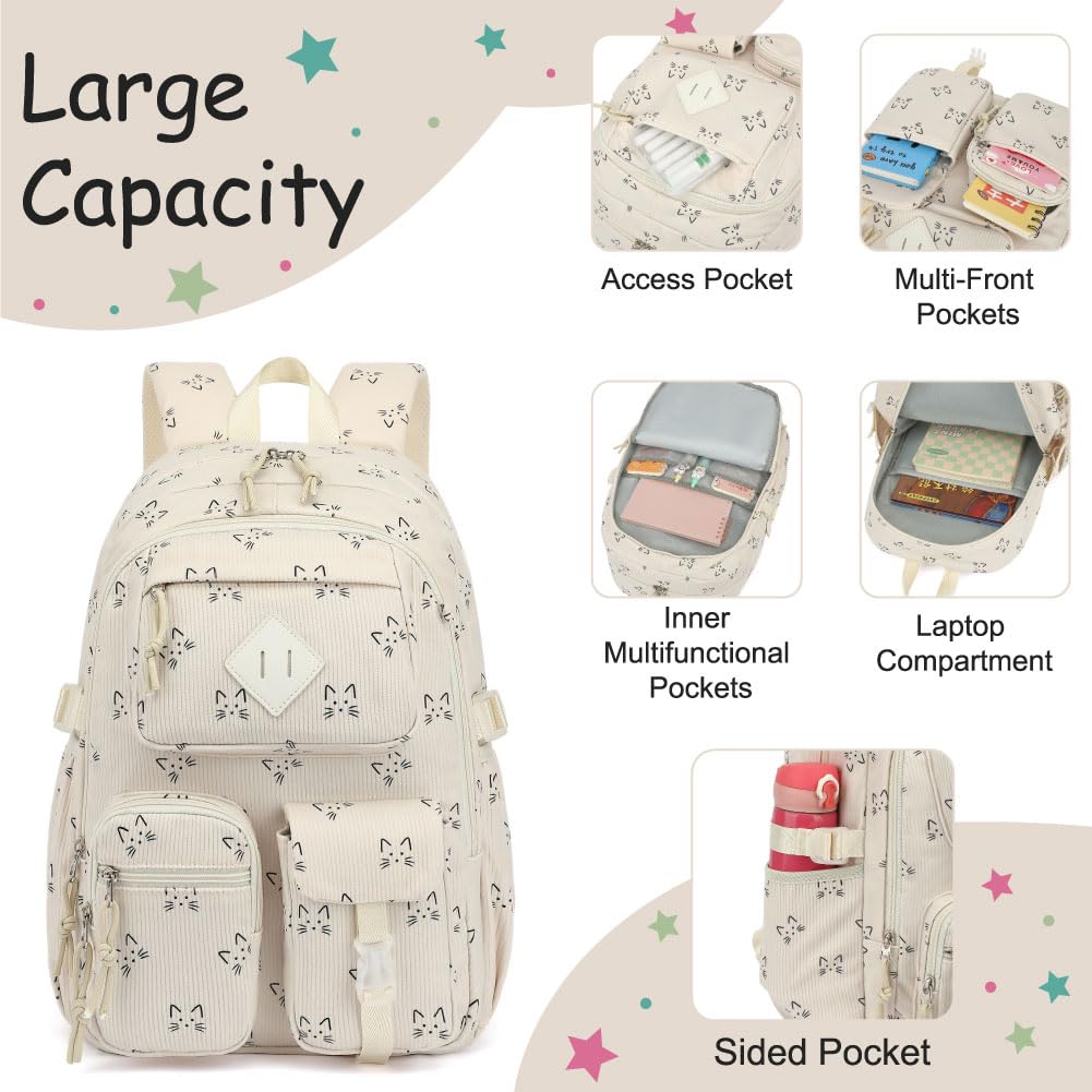 3-teiliges Schulrucksack-Set aus Cord für Mädchen und Jungen, Kinder-Büchertasche mit Lunchbox und Federmäppchen (Alter 8-18), Cord-Katze, 3-piece set