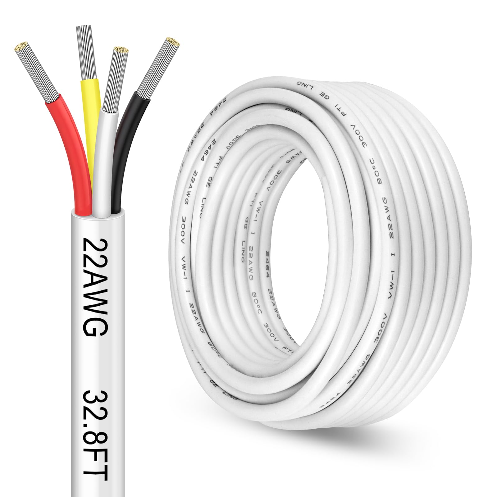 32.8FT 22 Gauge 4 Conductor Wire, 22/4 Stranded Tinned Copper Low Voltage Wires, 4 Wire Cable Electrical Wire for Security Alarm Access Control