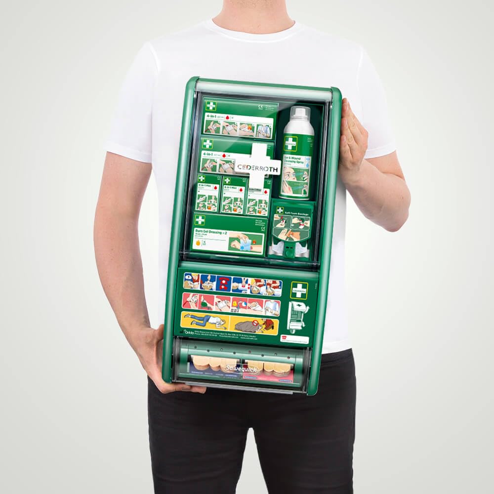 CEDERROTH Erste-Hilfe-Station First Aid, mit Füllung, grün, 29 x 12 x 56 cm aus Kunststoff, Art.-Nr. 51011026 | Erste Hilfe Schrank | Verbandsschrank | Sanitätswandschrank