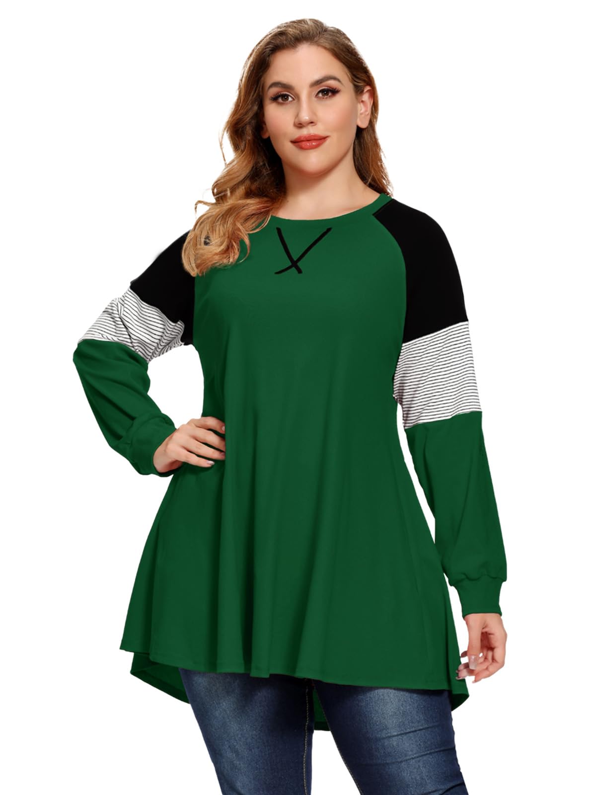 LARACE Plus Size Tops Women Pullover Sweatshirt Color Block Tee Long Sleeve Tunic Striped Raglan Shirt