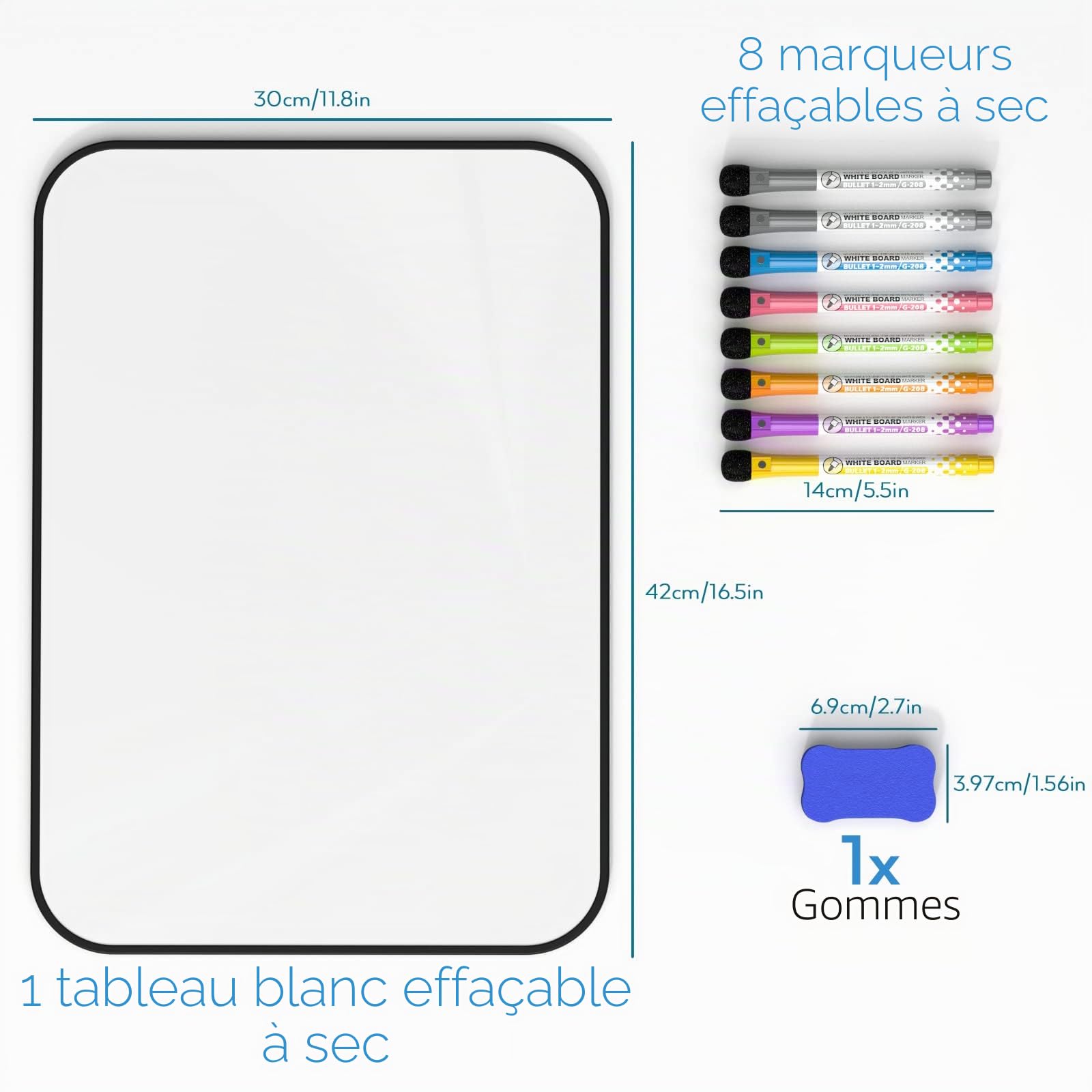 Nicpro Tableau blanc effaçable à sec A3,Double face magnétique,30x42 cm,Avec bordure noire,8 stylos à base d'eau et 1 gomme pour enfants, la salle de classe, la maison