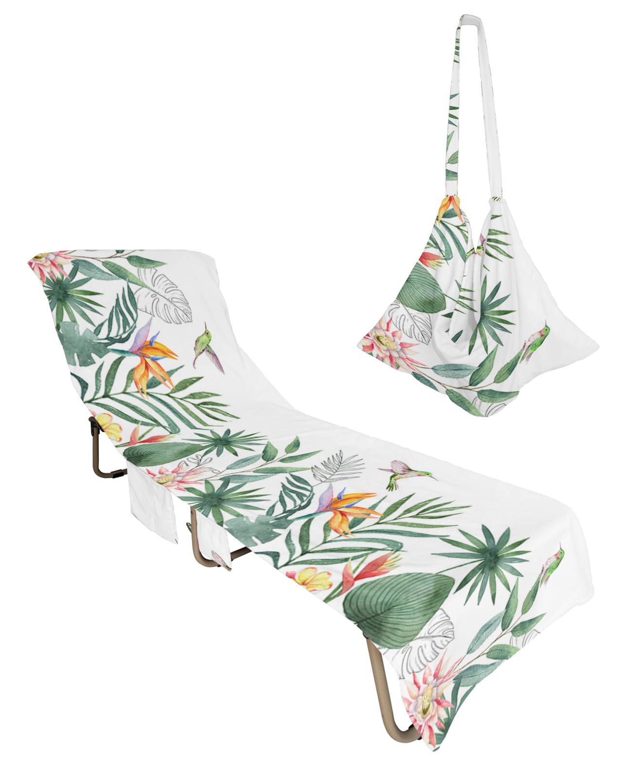 Pastoral Botanical Beach Lounge Chair Towel Cover, Soft Chaise Lounge Towel with Side Pockets Patio Pool Chairs Cover for Beach/Pool Sunbathing 29x85 Summer Tropical Plants Palm Leaves Birds