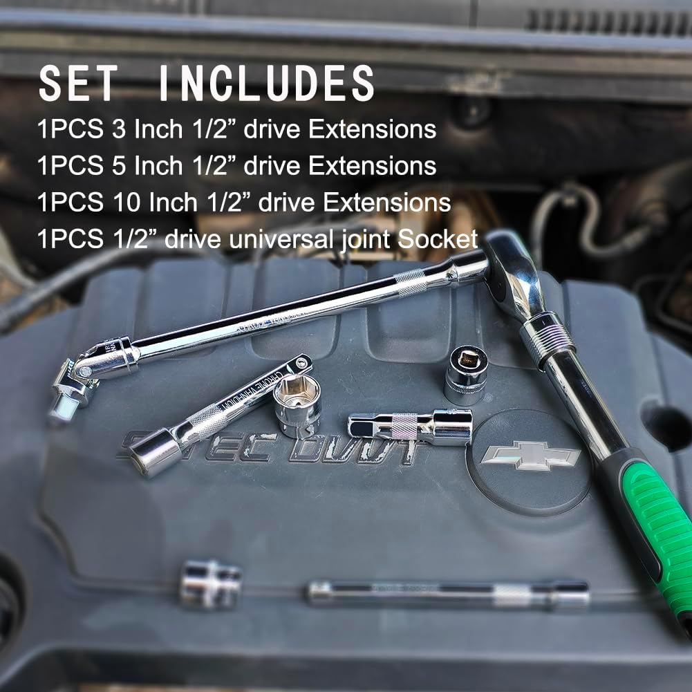 StrugDeas 4 Piece 1/2 Inch Drive Extension Bar Set, 1/2 Inch Drive Socket Extension Set Includes 3, 5, and 10 Inch Extensions and Universal Joint Socket