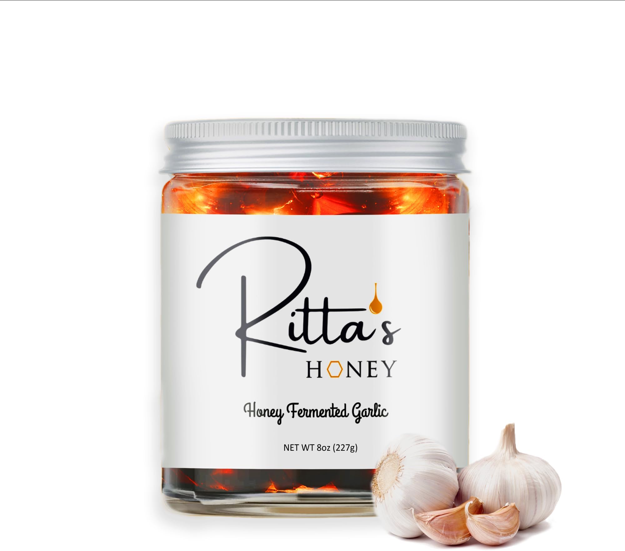 Ritta's Honey Fermented Garlic Honey to Enhance Meals and Overall Wellness. 100% Pure, Nutrient Rich Raw California Wild Flower Honey with Organic Fermented Garlic Cloves