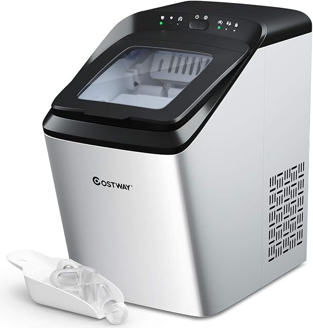 COSTWAY Ice Maker Machine Countertop, 15kg Ice in 24Hrs, Automatic Self-Cleaning Ice Cube Making Machine with Ice Scoop and Basket, Bullet Ice Makers for Home, Office, Party, Bar