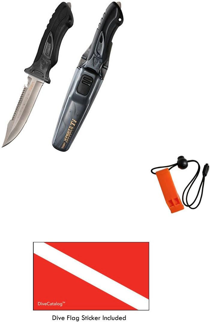 TUSA X-Pert II Titanium FK-940TI Metallic Silver (MS) & DiveCatalog's Orange Whistle w/Lanyard & Dive Flag Sticker