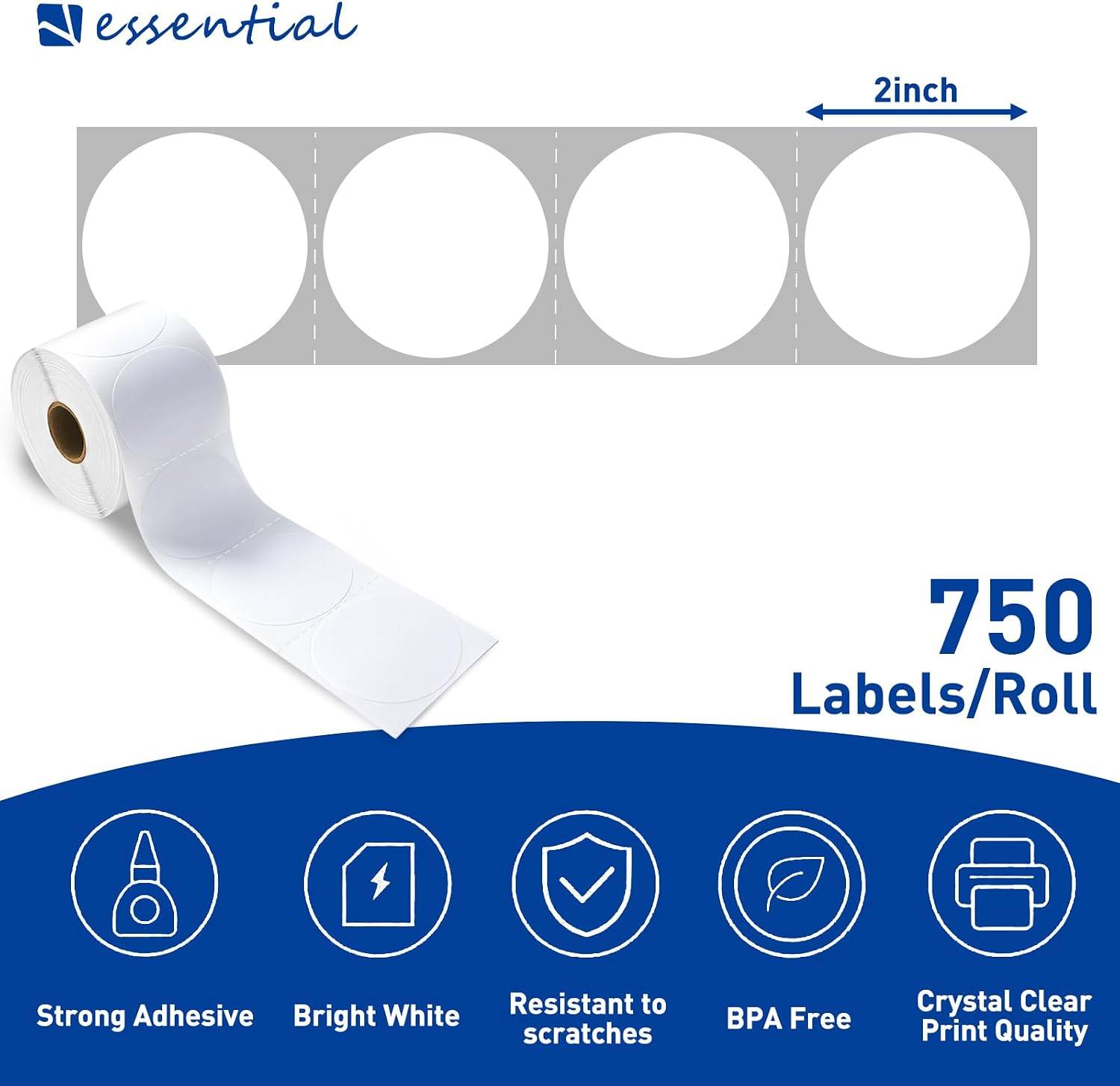 ESSENTIAL 2" Circle Direct Thermal Sticker Labels, Self-Adhesive Round