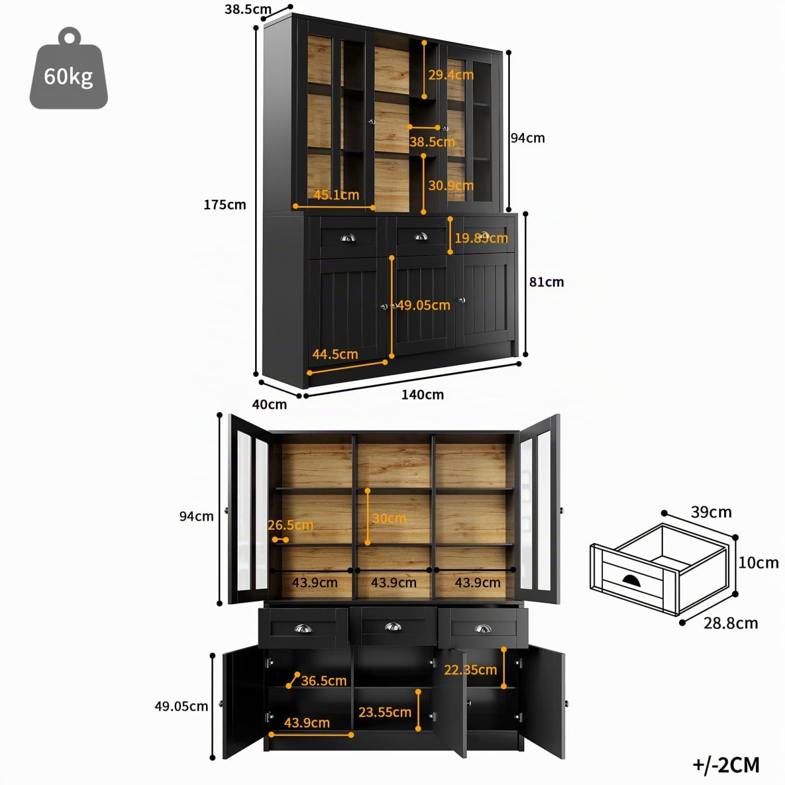 KOMHTOM Armoire de Cuisine 140 x 40 x 175cm, Vitrine, Armoire de Salle à Manger, Dispositif Anti-basculement, 3 Tiroirs, 5 Portes, Étagères Réglables (Noir)