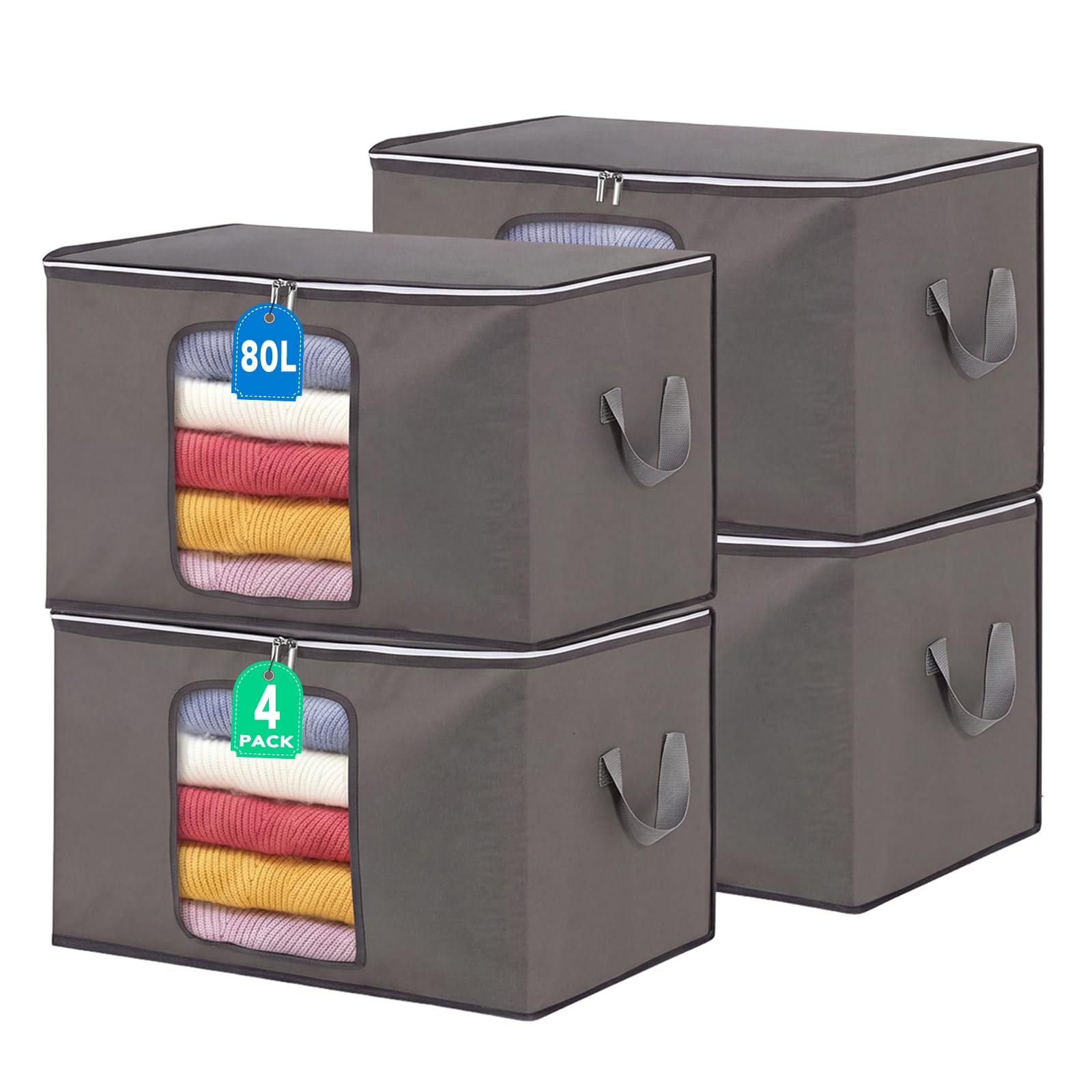 4 Pcs 80L Clothes Storage Bags, Large Storage Box with Lid, Grey Fabirc — image 1